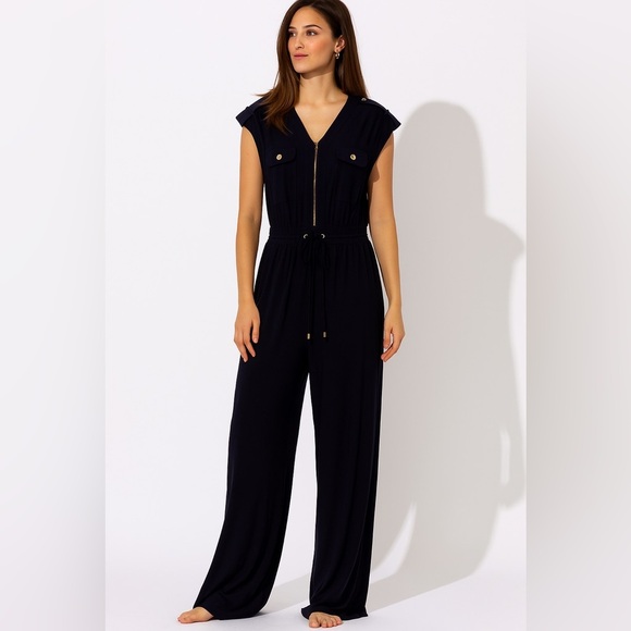 EMMA & MICHELE Wide Leg Navy Stretchy Jumpsuit Size Large - Picture 1 of 5